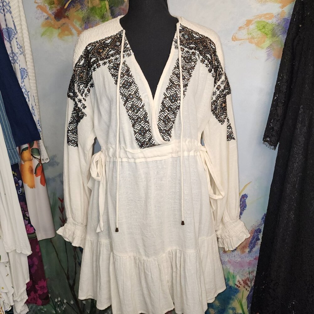 FreePeople Moonshiner Mini Embroidered Beaded Long Sleeve Dress With Tie Waist &